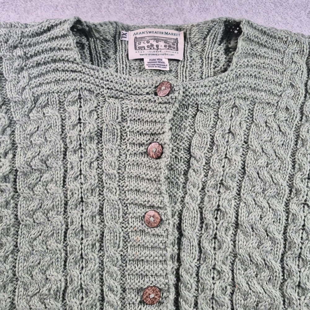 Aran Crafts Irish Merino Wool Cable Knit Cardigan Sweater Green Women's XL - Picture 2 of 7